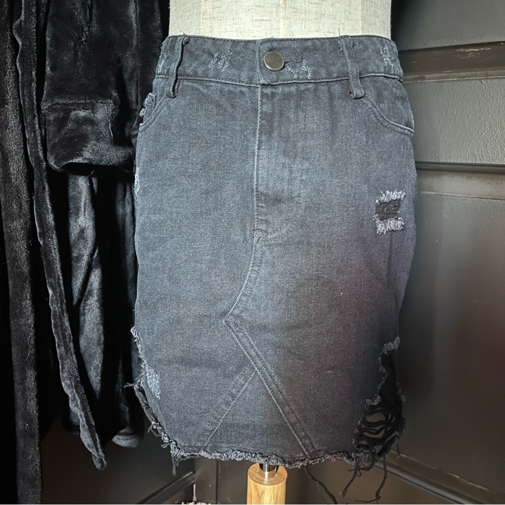 Black Denim Distressed Skirt